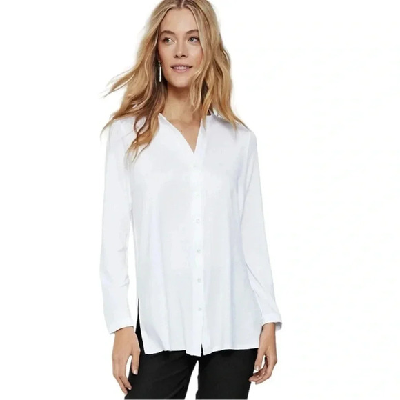 EILEEN FISHER | White Fine TENCEL Organic Cotton Jersey Collared Shirt Size SP - Picture 3 of 11